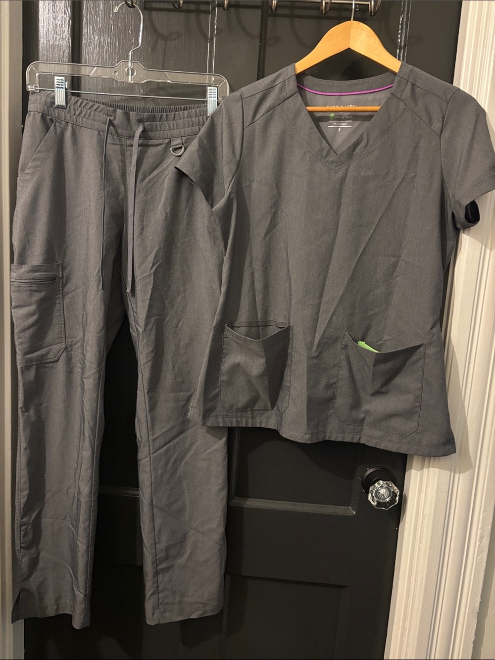 healing hands Small Women's Gray Scrub V-Neck Top and 5-Pocket Scrub Pants set